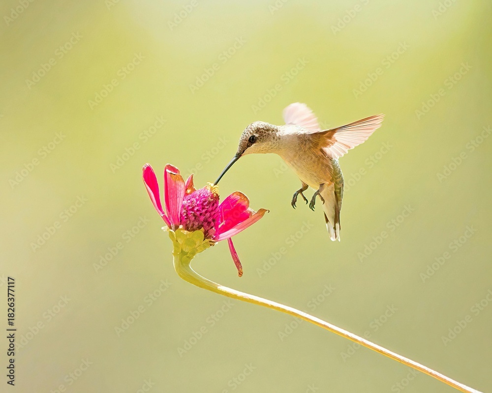 Fototapeta premium Flying hummingbird on a blue flower illustration with green spring nature and wildlife vector art of a bird with wing and beak