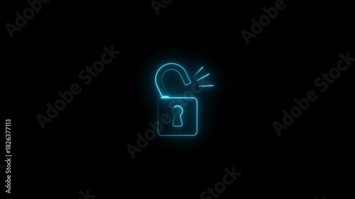 Glowing neon cracked unlock icon and background. Lock sign symbol. Lock animation, cyber lock icon and unlock animation.