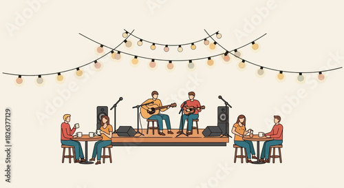 Enjoying Live Music at Cozy Cafe Under Twinkling Lights: Musicians Playing Guitars for a Relaxed Crowd, Perfect for Social Gatherings and Entertainment