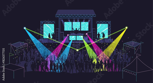 Vibrant music festival scene with energetic crowd, dazzling stage lights, and a DJ rocking the party, ideal for event promotions and entertainment concepts