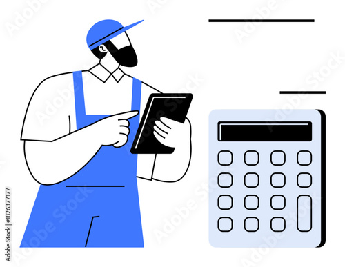 Worker in overalls holding a tablet, pointing at screen alongside a large calculator. Ideal for technology, business, finance, accounting, budgeting, automation management. Simple flat metaphor