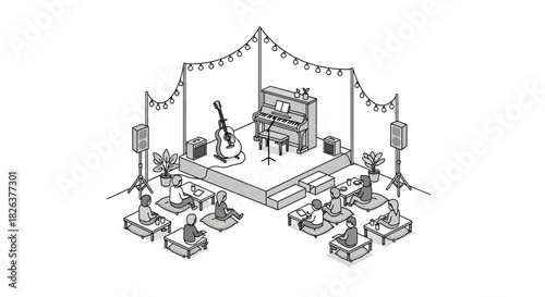 Cozy music venue with a piano and guitar stage, charming string lights, and intimate audience seating, perfect for a relaxed concert experience