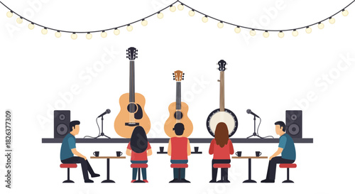Enjoying live acoustic music at a cozy cafe, guitars and banjo on stage, people relaxing with coffee under string lights, perfect for music lovers