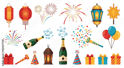 Celebrate special occasions with this vibrant collection of party decorations lanterns gifts champagne fireworks balloons and noisemakers bringing festive cheer