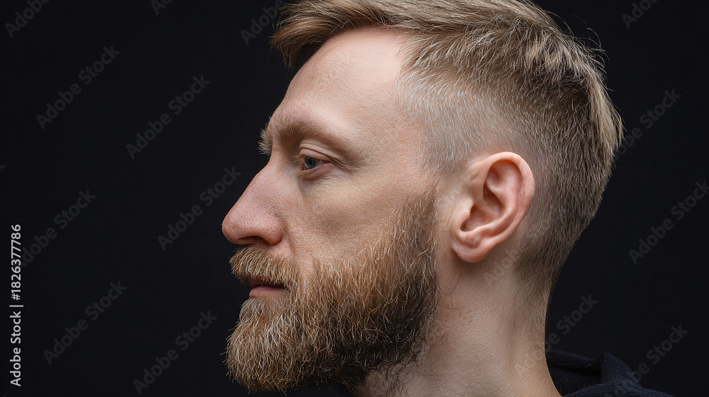 Obraz premium Profile portrait of a blonde-haired man with a ginger beard against a dark backdrop, showing off his hairstyle and well-groomed facial hair.