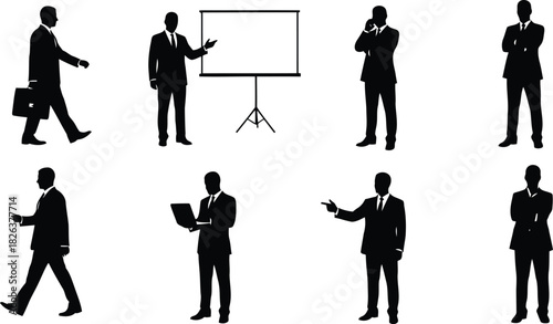 Collection of diverse businessman silhouettes in various poses, including walking, presenting, talking on phone, and working on laptop, isolated on