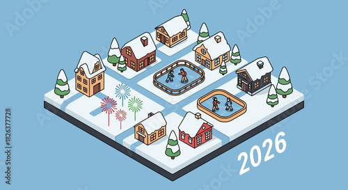 Charming winter village illustration evokes joyful memories of cozy homes, ice skating fun, and festive fireworks as we anticipate the year 2026