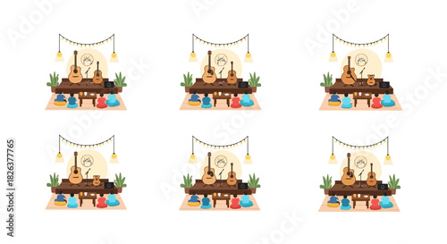 Charming open mic night scene with guitars, lights, and relaxed audience creating an intimate, creative atmosphere perfect for music and entertainment events