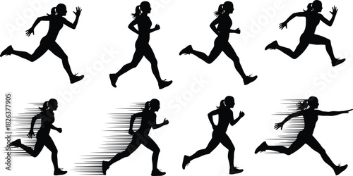 Collection of female runner silhouettes in various dynamic poses, depicting speed and athletic movement, isolated on