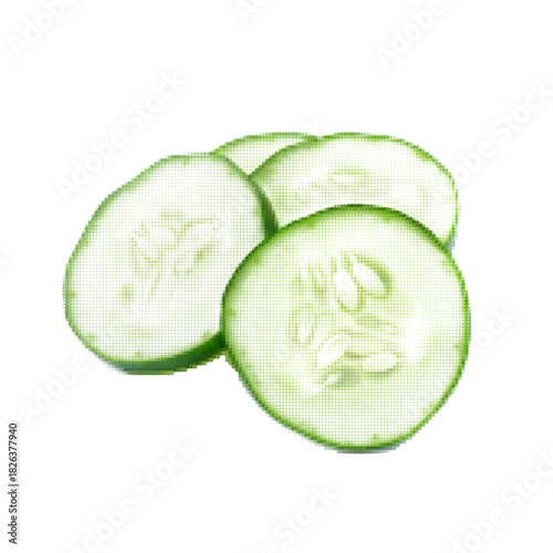 Halftone illustration of sliced cucumber pieces with soft green tones and visible seeds. Symbolizes freshness, hydration, lightness, and natural healthy food.