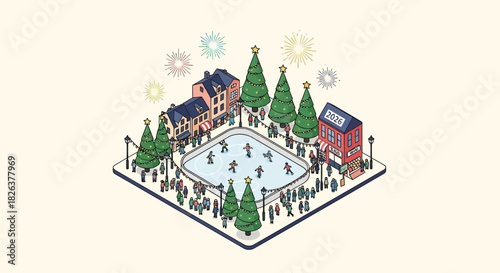 Charming winter village scene with ice skating and festive fireworks, hinting at holiday cheer and community spirit for joyful seasonal campaigns