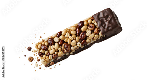 Chocolate Nut Granola Bar with Peanuts and Chocolate Chips on Transparent Background, Healthy Snack for On-the-Go