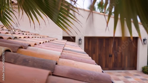 Clay roof tiles and palm leaves residential building exterior