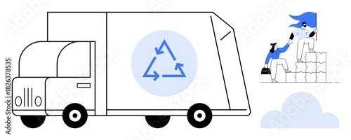 Recycling truck with recycle arrows, person helping another climb blocks, and cloud. Ideal for sustainability, teamwork, environmental care, collaboration, waste management, social responsibility