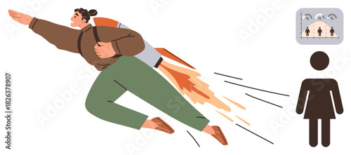 Person flying with rocket jetpack, symbolizing ambition and achievement. Includes silhouette representing individuality and a graph suggesting success. Ideal for progress, innovation, leadership