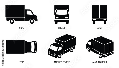 Delivery Truck Detailed Silhouettes: Top, Side, Front, Back, Angled Views