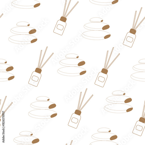 A seamless pattern with a spa and relaxation theme, featuring aroma sticks and massage stones