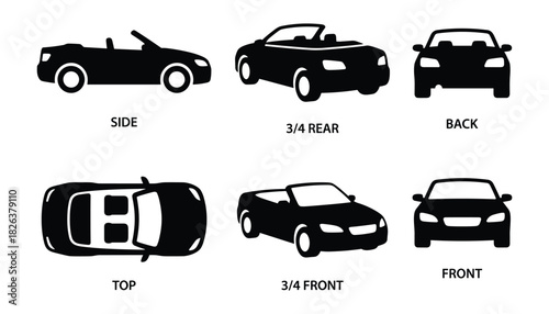 Detailed convertible automobile vector illustration. Several angles view.
