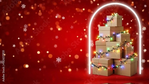 Festive video of glowing gift boxes in a snowy Christmas scene. perfect for promos, reels, and ads.