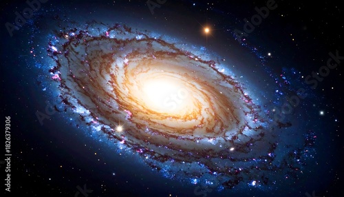 A vivid spiral galaxy swirls with blues, oranges, and purples against a black starry backdrop