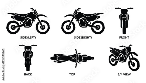 Detailed Black and White Dirt Bike Vector Illustration: Multiple Views