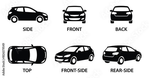 Compact automobile view vector illustration of side, front, back and top.