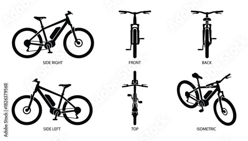 Vector illustration showing different views of an electric bicycle.