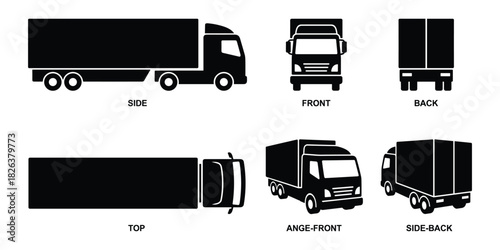 Black Truck Vector Set: Side, Front, Back, Top and Angle Perspectives