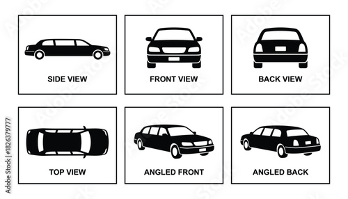 Illustrations of a limousine from different angles: side, front and back