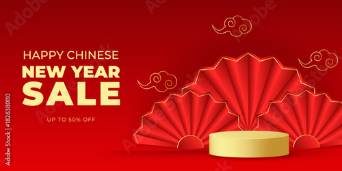 Happy Chinese New Year sale banner with fans,clouds,golden podium. Festival voucher template design for seasonal promotion and special offer. Horizontal vector illustration
