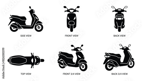 Detailed Scooter Silhouette Views: Side, Front, Back, Top, Isometric, 3/4