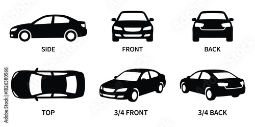 Detailed vector image showcasing a sedan car from multiple perspectives.