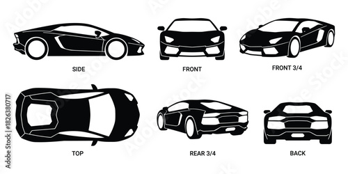 Sportscar Views: Detailed Technical Drawings, Side, Front, and Rear Angles
