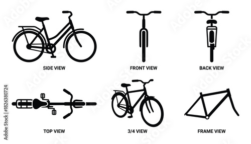 Detailed Bicycle Views Illustration, Including Side, Front, Top and Frame