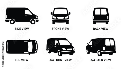 Black and white delivery van model, detailed view from all angles shown.