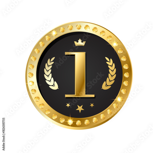 Luxury gold award medal with number one, crown, stars, laurel wreath. Elegant glossy round badge design for competition, victory, VIP, premium certificate. Vector illustration on white background