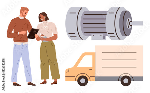 Two professionals reviewing data on a tablet, industrial motor, delivery truck. Ideal for logistics, engineering, collaboration, transportation, supply chain planning workflow. Simple flat metaphor