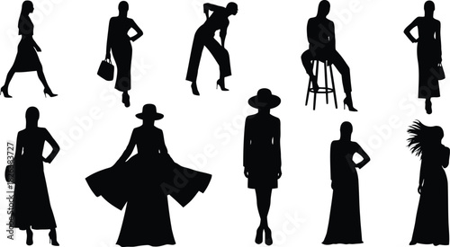 Collection of diverse female fashion silhouettes in various poses, showcasing different styles and movements, isolated on