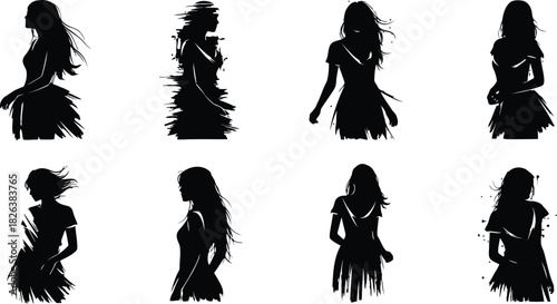 Artistic black silhouettes of women with long, flowing hair and brushstroke effects, isolated on