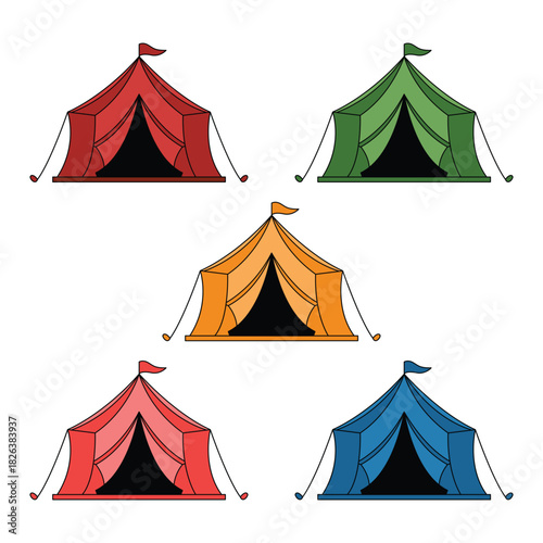 Collection of Colorful Camping Tents Illustration for Outdoor Adventures and Recreational Activities on White Background