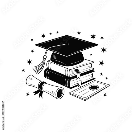 Graduation cap books diploma stars minimalist illustration achievement education university college success learning knowledge future academic celebration