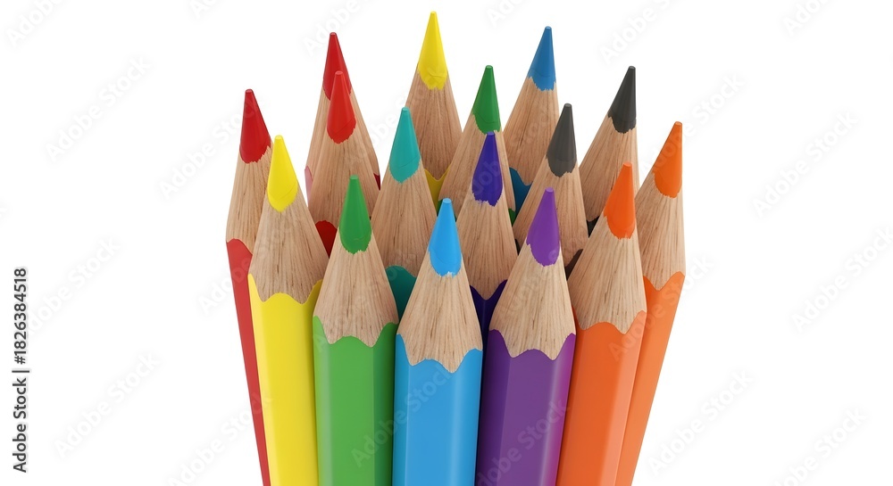 Fototapeta premium A close up view of a group of sharpened colored pencils on a white background in a studio shot