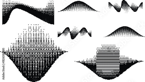 Retro dither wave set for video. Vintage bitmap texture. Bit gradient circles collection for graphic layouts . Pixel gradients effect