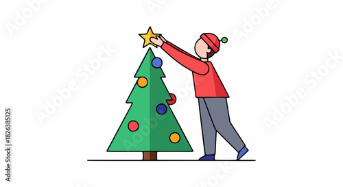 a person is putting a star ornament on the top of a christmas tree vector illustration