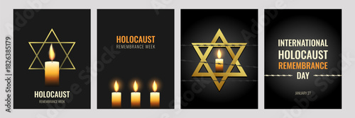 Holocaust Remembrance week vertical poster set. Golden star of David, glowing candle, barbed wire. Vector illustration