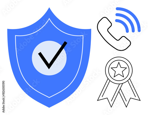 Shield with checkmark symbolizing security, phone icon denoting communication, award ribbon representing recognition. Ideal for trust building, security, communication, success, certification