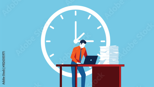 Businessman Working Under Time Pressure and Deadline Vector Illustration. Corporate Employee Working Overtime at Desk with Laptop and Documents Against a Clock Background.