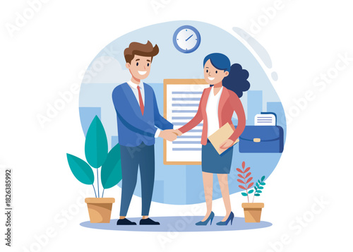 People shaking hands at work - Two businesspeople, man and woman doing handshake in office at work while smiling over business agreement and deal. Flat design stock illustration on white background
