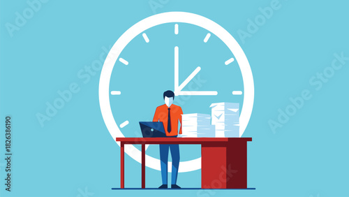 Businessman Working Overtime Under Deadline Pressure, Surrounded by Paperwork with Large Clock Background Vector Illustration