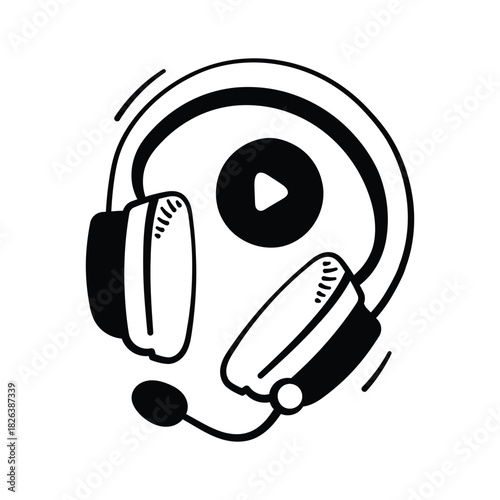 Headset with play button, doodle icon of elearning, audio lesson, virtual class